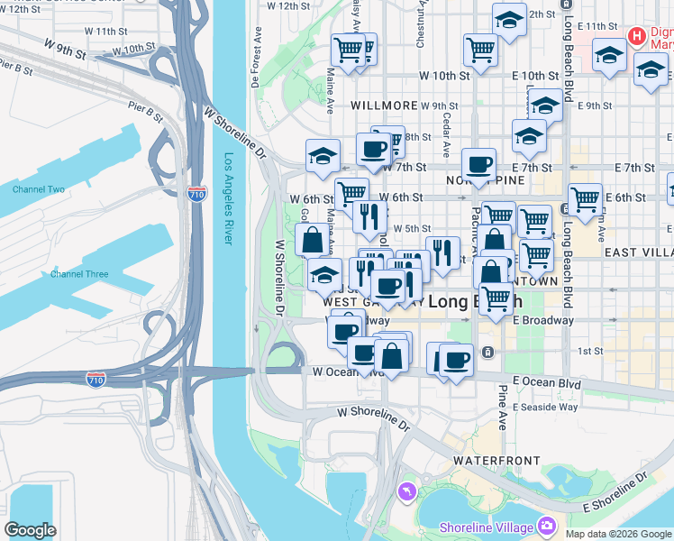 map of restaurants, bars, coffee shops, grocery stores, and more near 640 W West 4th Street in Long Beach