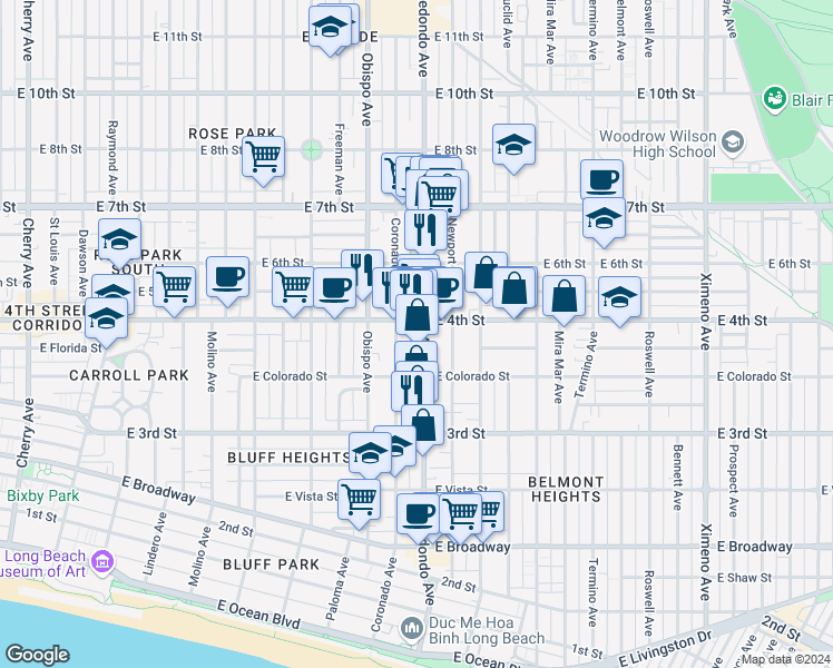 map of restaurants, bars, coffee shops, grocery stores, and more near 387 Redondo Avenue in Long Beach