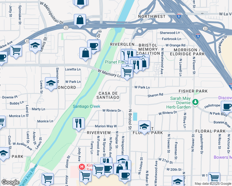 map of restaurants, bars, coffee shops, grocery stores, and more near 2525 North Pacific Avenue in Santa Ana