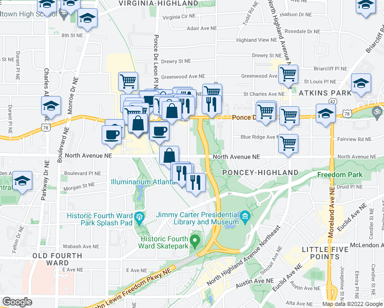 map of restaurants, bars, coffee shops, grocery stores, and more near 613 Bonaventure Avenue Northeast in Atlanta