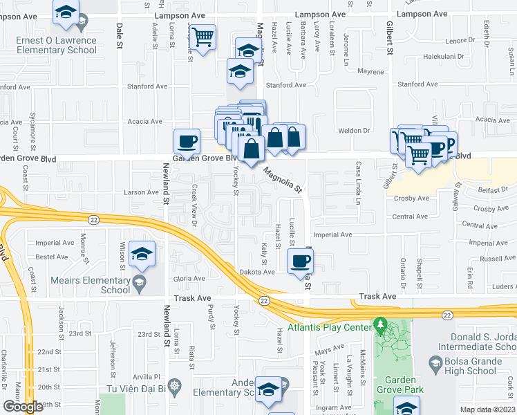 map of restaurants, bars, coffee shops, grocery stores, and more near 13167 Ferndale Drive in Garden Grove