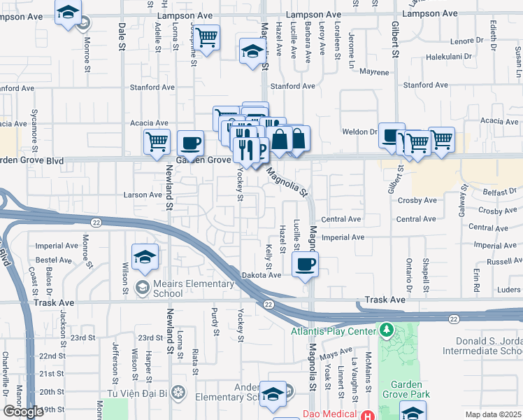 map of restaurants, bars, coffee shops, grocery stores, and more near 13167 Ferndale Drive in Garden Grove