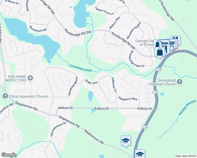 map of restaurants, bars, coffee shops, grocery stores, and more near 734 Kilkenny Circle in Lithonia