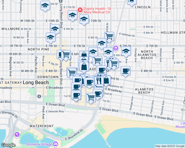 map of restaurants, bars, coffee shops, grocery stores, and more near 337 Lime Avenue in Long Beach