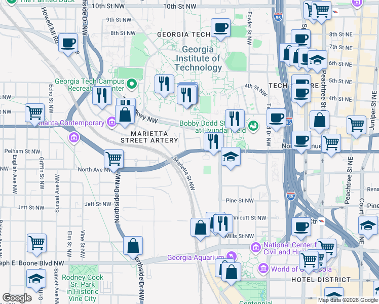map of restaurants, bars, coffee shops, grocery stores, and more near North Avenue Northwest in Atlanta