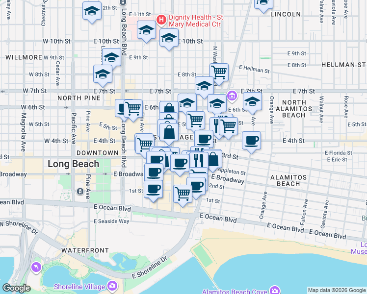 map of restaurants, bars, coffee shops, grocery stores, and more near in Long Beach