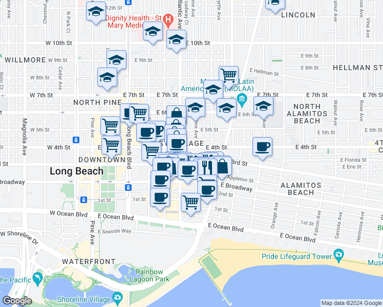 map of restaurants, bars, coffee shops, grocery stores, and more near 337 Lime Avenue in Long Beach