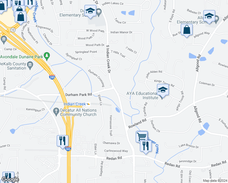 map of restaurants, bars, coffee shops, grocery stores, and more near 897 South Indian Creek Drive in Stone Mountain