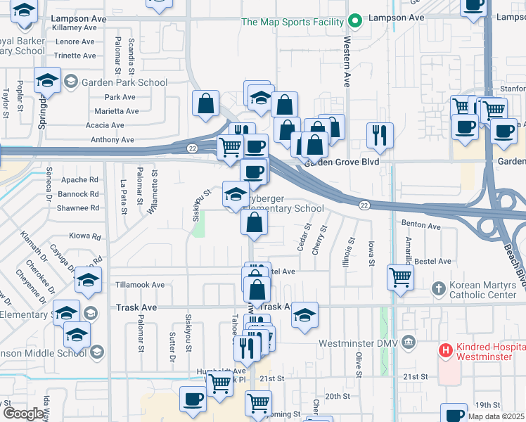 map of restaurants, bars, coffee shops, grocery stores, and more near 7033 Lisa Lane in Westminster