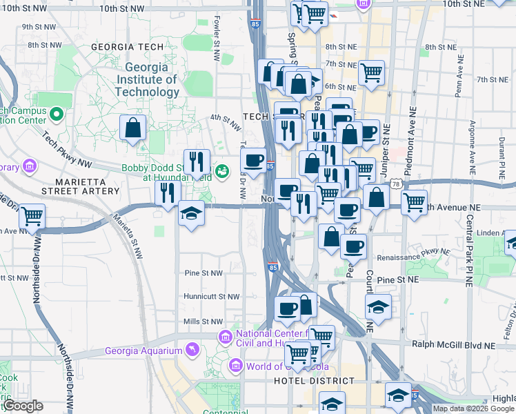map of restaurants, bars, coffee shops, grocery stores, and more near 120 North Avenue Northwest in Atlanta