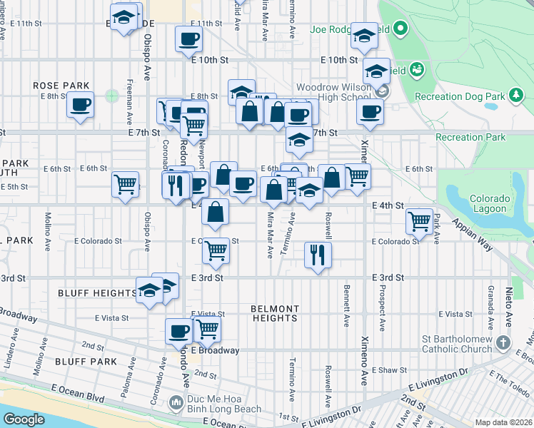 map of restaurants, bars, coffee shops, grocery stores, and more near in Long Beach