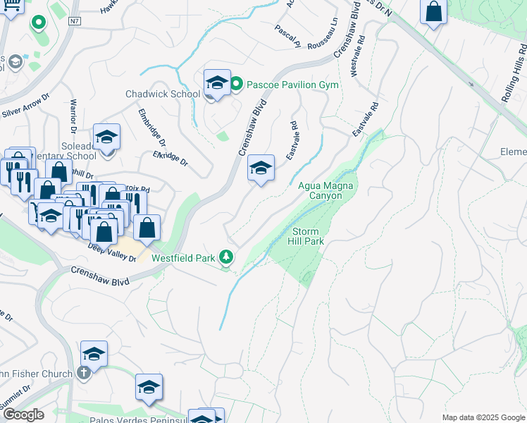 map of restaurants, bars, coffee shops, grocery stores, and more near 27300 Sunnyridge Road in Rolling Hills