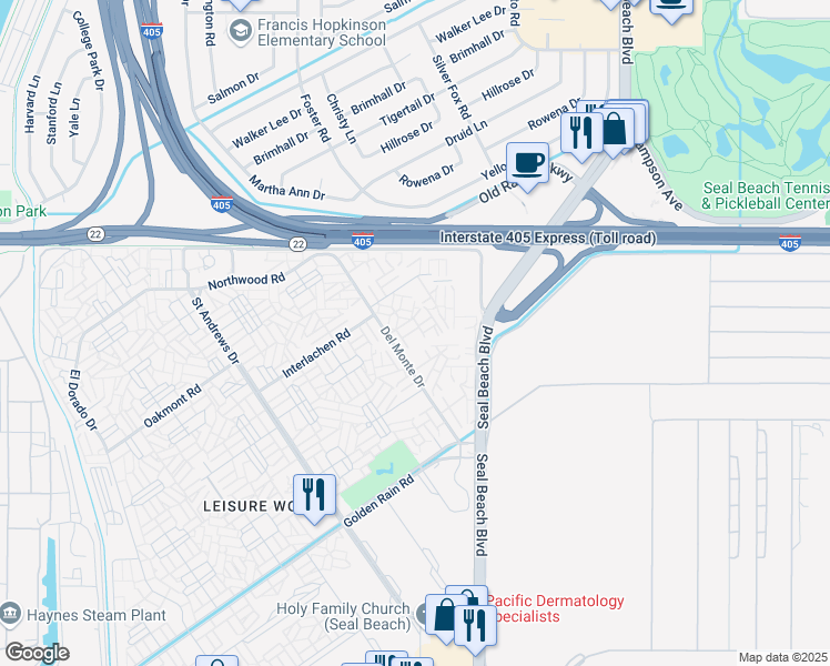 map of restaurants, bars, coffee shops, grocery stores, and more near 1860 McKinney Way in Seal Beach