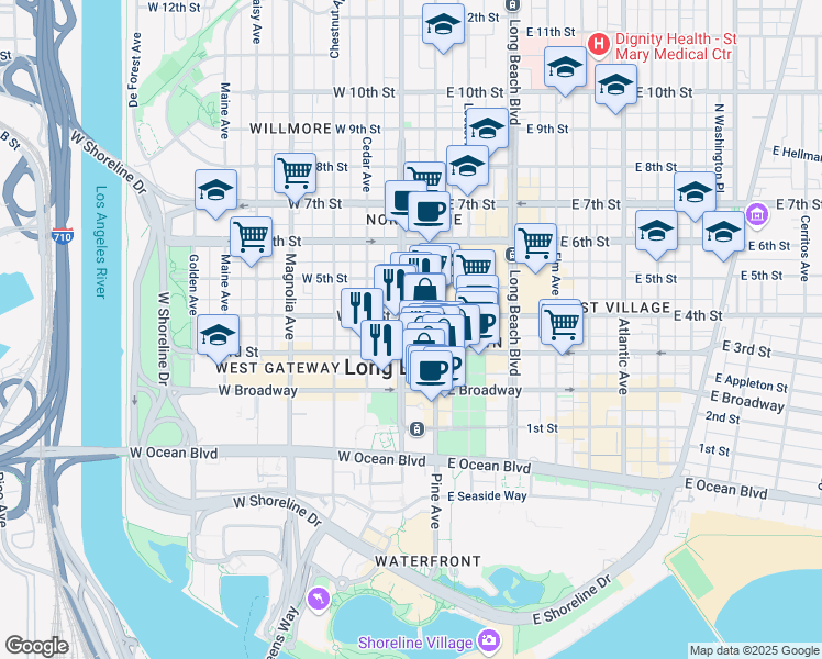 map of restaurants, bars, coffee shops, grocery stores, and more near 270 West 3rd Street in Long Beach