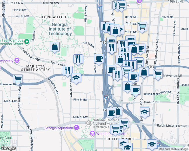 map of restaurants, bars, coffee shops, grocery stores, and more near 1215 Centennial Olympic Park Drive Northwest in Atlanta