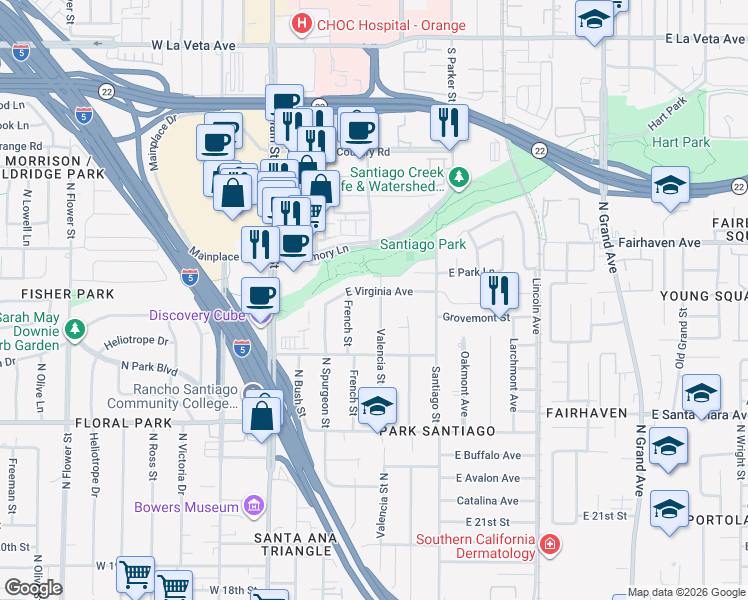 map of restaurants, bars, coffee shops, grocery stores, and more near 2556 Valencia Street North in Santa Ana
