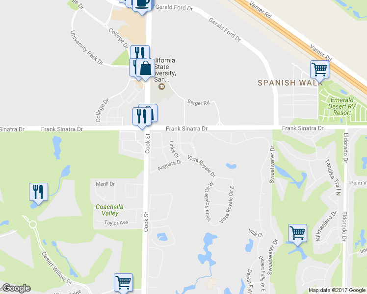 map of restaurants, bars, coffee shops, grocery stores, and more near 551 Desert Falls Drive in Palm Desert