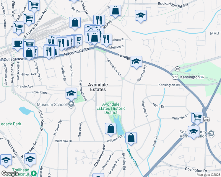 map of restaurants, bars, coffee shops, grocery stores, and more near 42 Berkeley Road in Avondale Estates