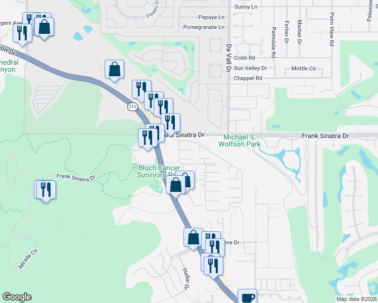map of restaurants, bars, coffee shops, grocery stores, and more near 32 Belmont in Rancho Mirage