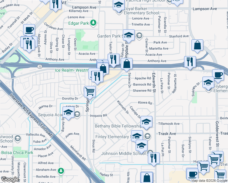 map of restaurants, bars, coffee shops, grocery stores, and more near 6182 Bannock Road in Westminster