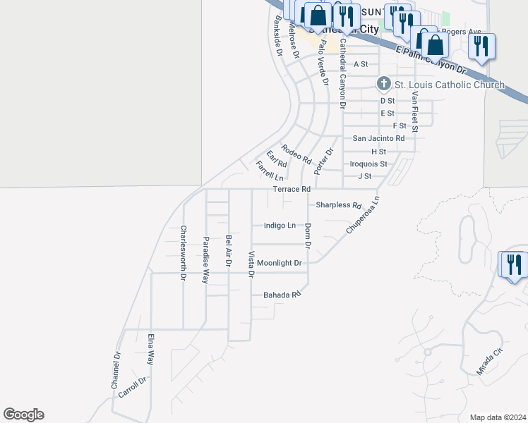 map of restaurants, bars, coffee shops, grocery stores, and more near 38133 Chris Drive in Cathedral City