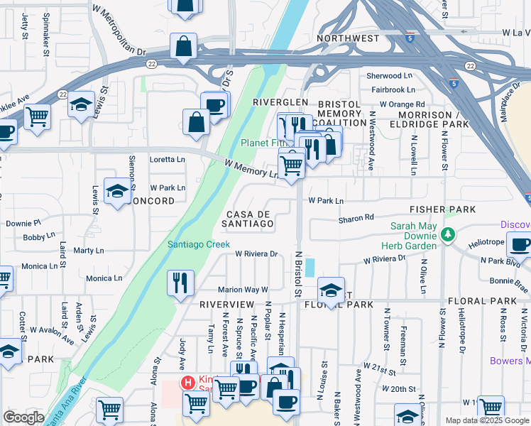 map of restaurants, bars, coffee shops, grocery stores, and more near 2525 North Pacific Avenue in Santa Ana