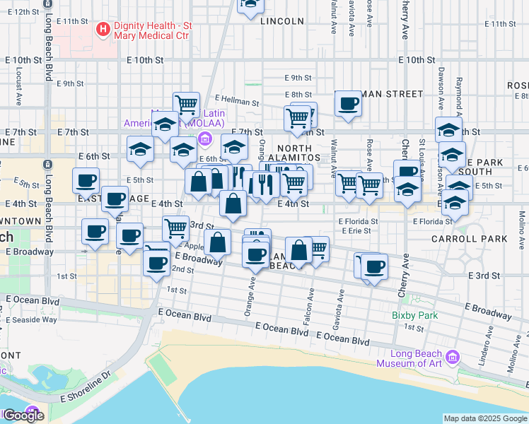 map of restaurants, bars, coffee shops, grocery stores, and more near 360 Orange Avenue in Long Beach