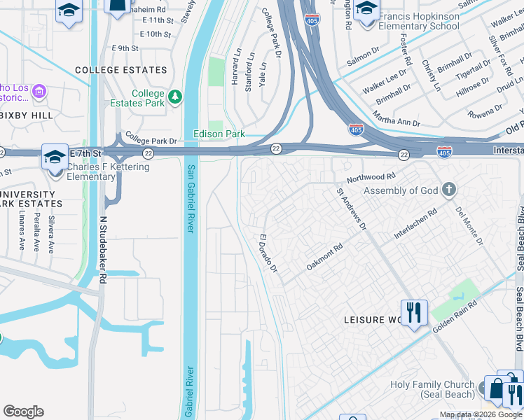 map of restaurants, bars, coffee shops, grocery stores, and more near 13201 El Dorado Drive in Seal Beach