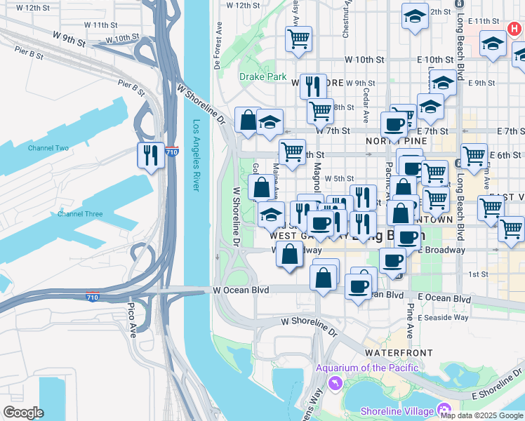map of restaurants, bars, coffee shops, grocery stores, and more near 730 West 4th Street in Long Beach
