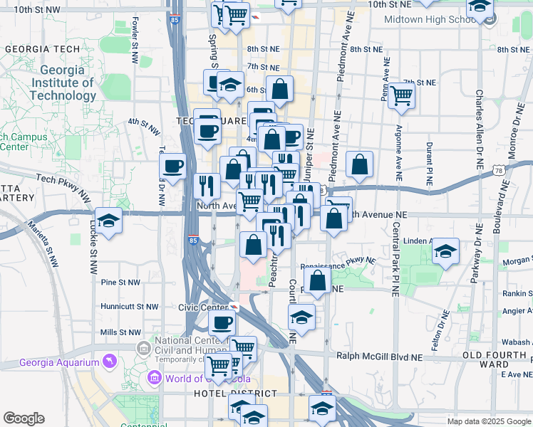 map of restaurants, bars, coffee shops, grocery stores, and more near 620 Peachtree Street Northeast in Atlanta