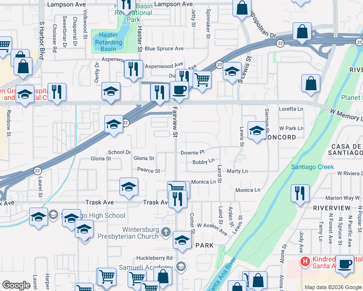 map of restaurants, bars, coffee shops, grocery stores, and more near 2422 Bern Lane in Santa Ana
