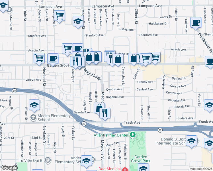 map of restaurants, bars, coffee shops, grocery stores, and more near 13112 Magnolia Street in Garden Grove