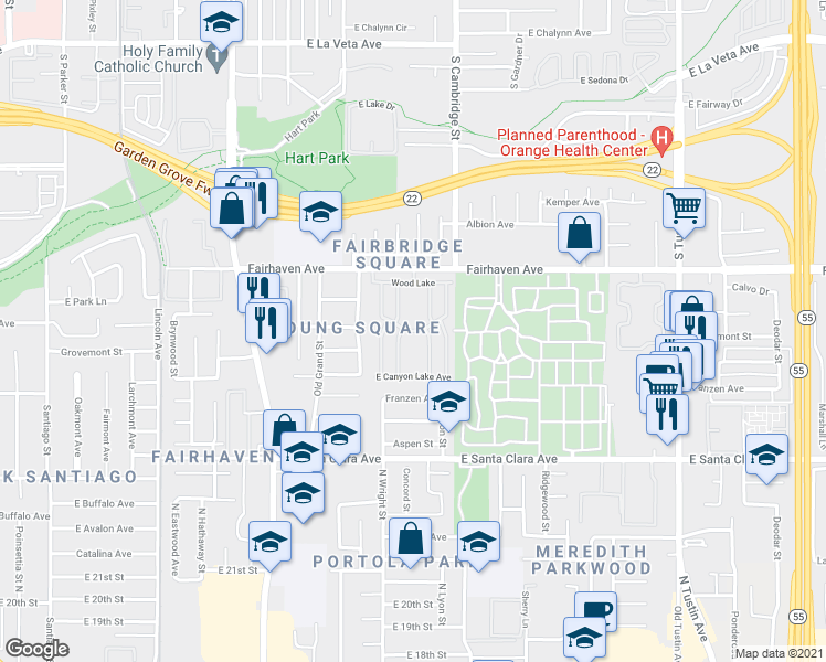 map of restaurants, bars, coffee shops, grocery stores, and more near 2528 Shadow Lake in Santa Ana