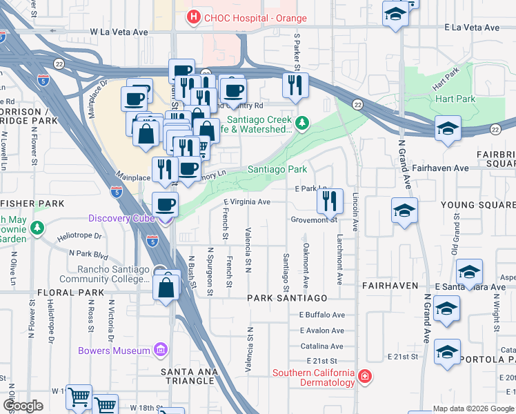 map of restaurants, bars, coffee shops, grocery stores, and more near 2545 Valencia Street North in Santa Ana
