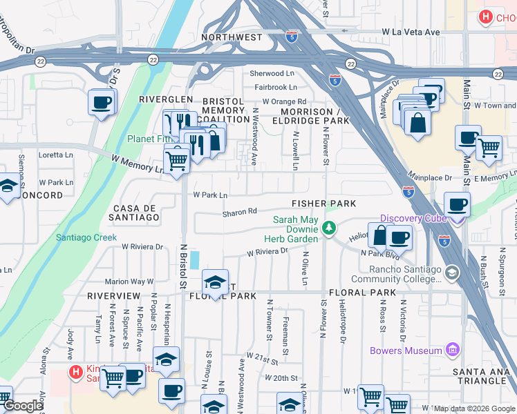 map of restaurants, bars, coffee shops, grocery stores, and more near 1116 Sharon Road in Santa Ana