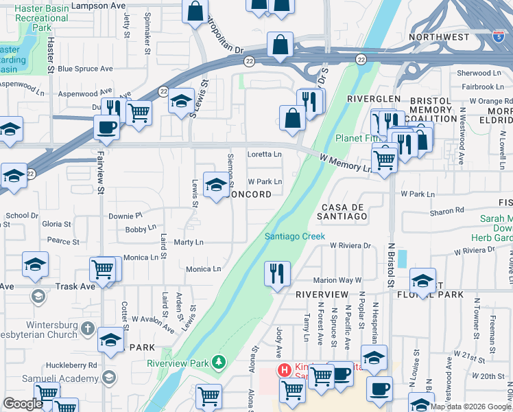 map of restaurants, bars, coffee shops, grocery stores, and more near 2518 Townley Street in Santa Ana