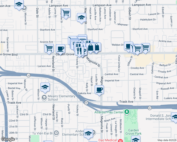 map of restaurants, bars, coffee shops, grocery stores, and more near 13178 Ferndale Drive in Garden Grove