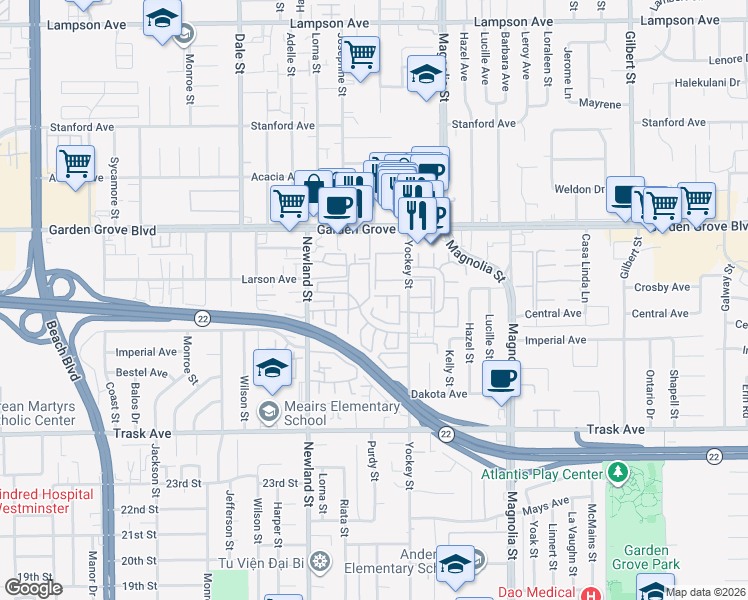 map of restaurants, bars, coffee shops, grocery stores, and more near 13191 Raleigh Court in Garden Grove