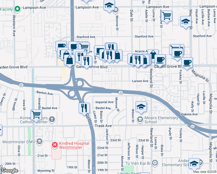 map of restaurants, bars, coffee shops, grocery stores, and more near 8152 Larson Avenue in Garden Grove