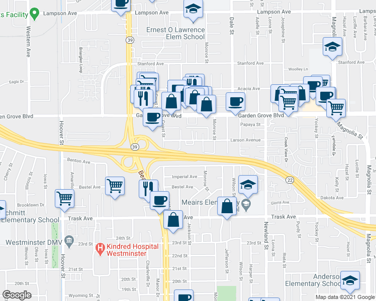 map of restaurants, bars, coffee shops, grocery stores, and more near 8042 Larson Avenue in Garden Grove