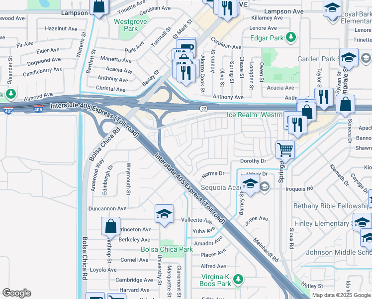 map of restaurants, bars, coffee shops, grocery stores, and more near 496-497 Via Mariposa in Westminster