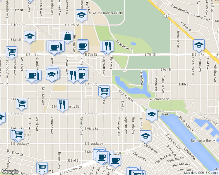 map of restaurants, bars, coffee shops, grocery stores, and more near 384 Park Avenue in Long Beach