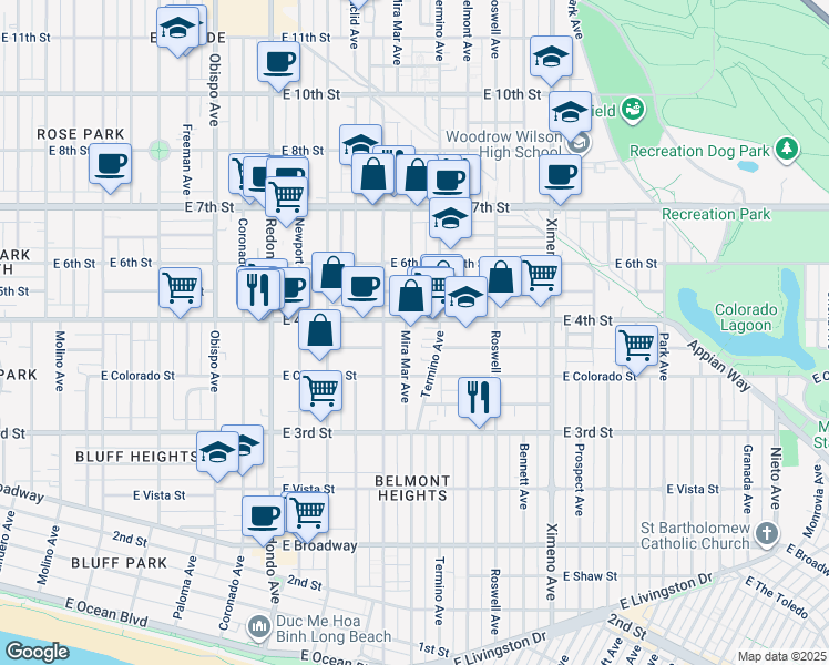 map of restaurants, bars, coffee shops, grocery stores, and more near in Long Beach