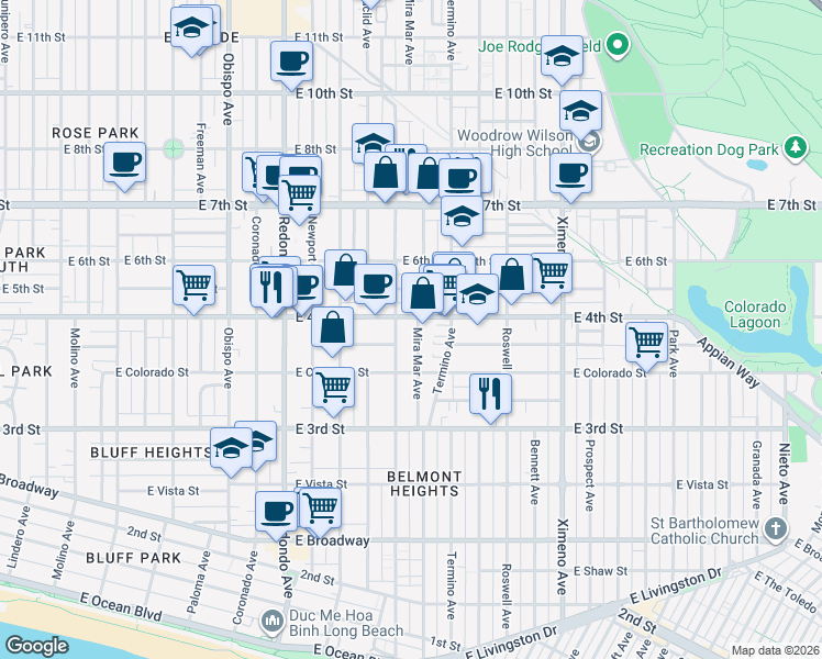 map of restaurants, bars, coffee shops, grocery stores, and more near in Long Beach