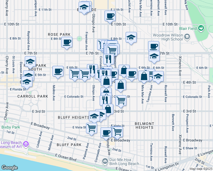 map of restaurants, bars, coffee shops, grocery stores, and more near in Long Beach