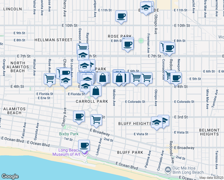 map of restaurants, bars, coffee shops, grocery stores, and more near in Long Beach