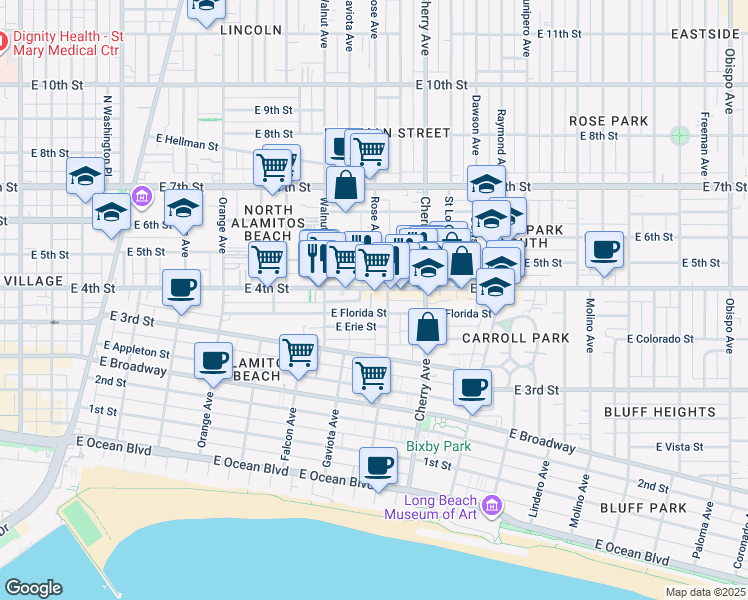 map of restaurants, bars, coffee shops, grocery stores, and more near 1721 East Florida Street in Long Beach