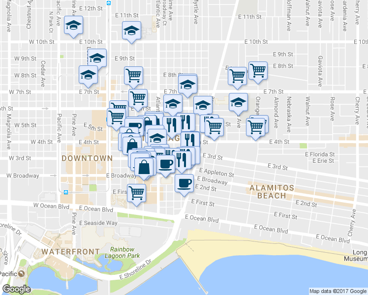 map of restaurants, bars, coffee shops, grocery stores, and more near 320 Lime Avenue in Long Beach