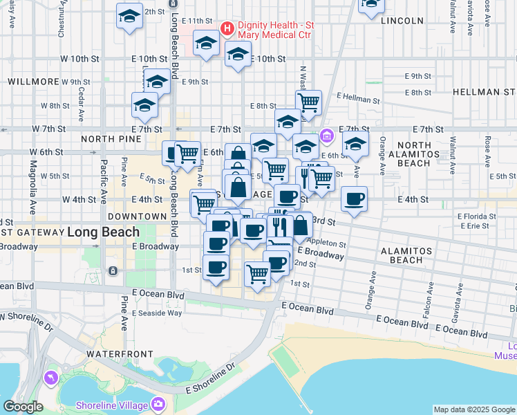 map of restaurants, bars, coffee shops, grocery stores, and more near 320 Lime Avenue in Long Beach