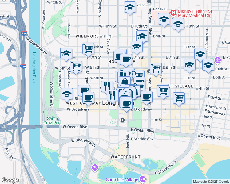 map of restaurants, bars, coffee shops, grocery stores, and more near 270 West 3rd Street in Long Beach